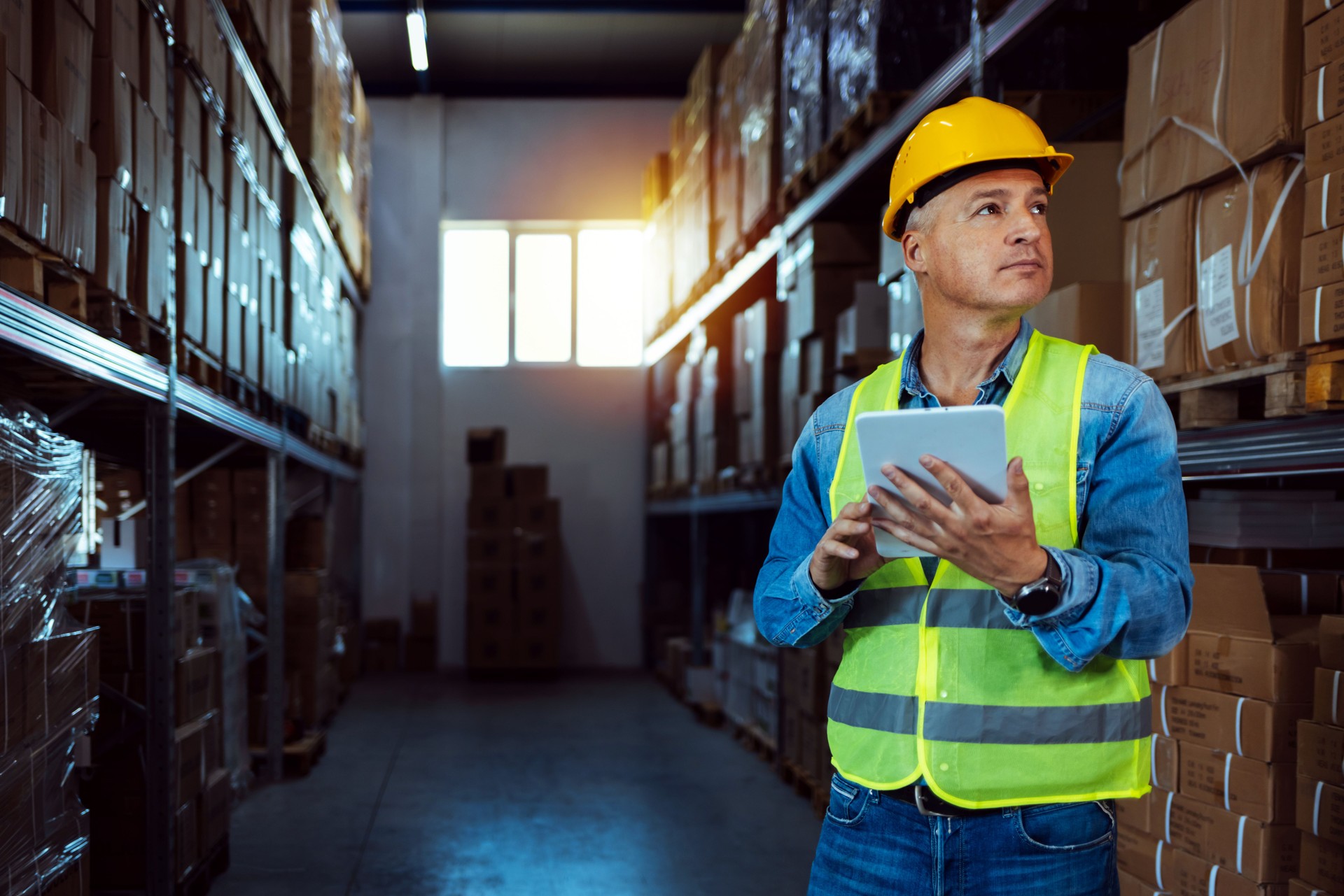 Homme tenant une tablette numérique debout dans l’entrepôt de l’usine